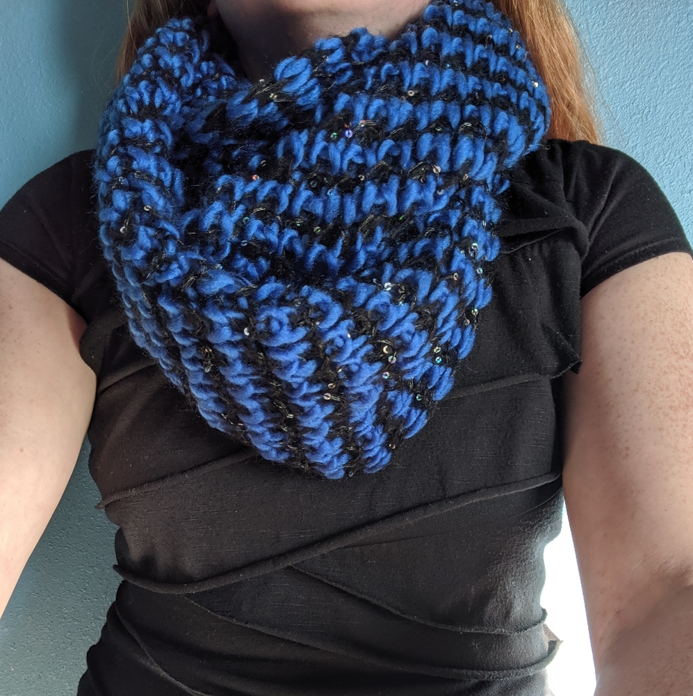 Black and Blue Silver Sequin Knit Infinity Scarf